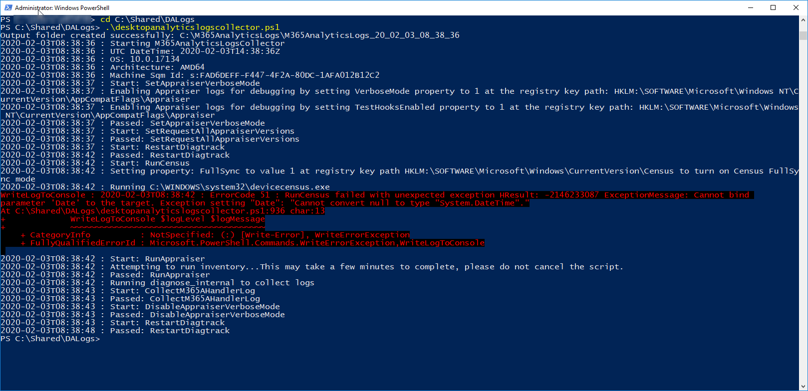 desktopanalyticslogscollector.ps1 failed output