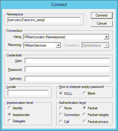Connect to root\cimv2\sms\inv_temp namespace