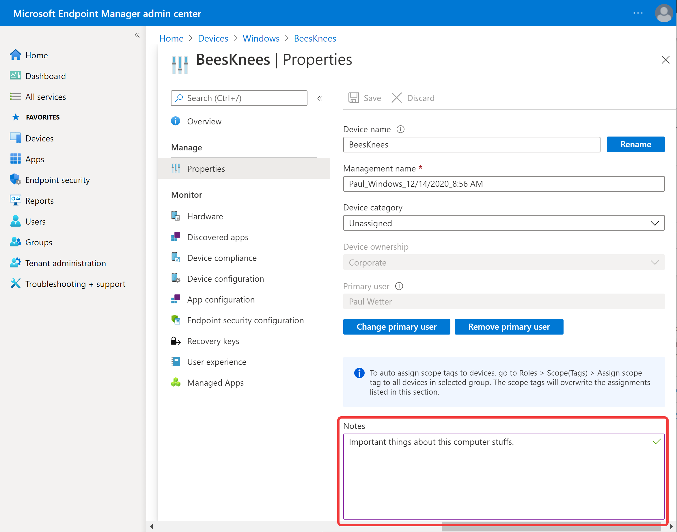 Intune Device Properties Notes